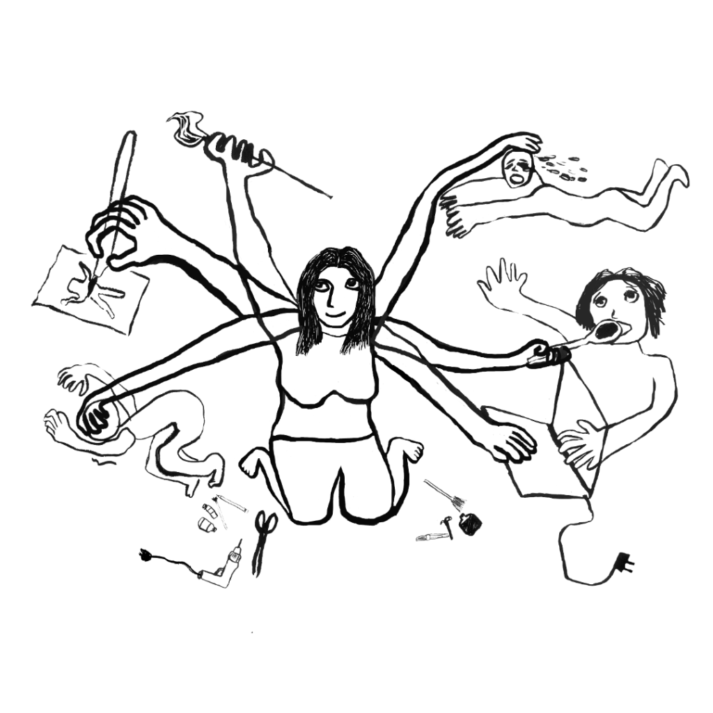 Illustration of a mother with six hands doing it all!